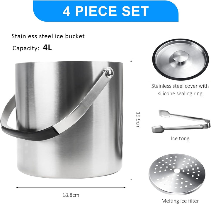 Eiswürfelbehälter Edelstahl, 4L Eiswürfelbehälter mit Deckel, Sieb Und Eiszange, Doppelwandig Isolie