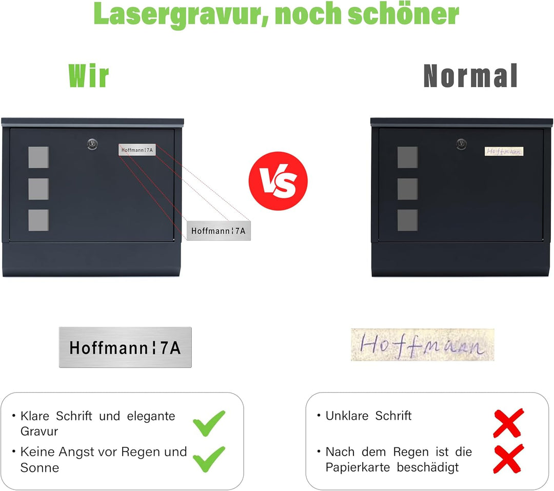 XL personalisiert Briefkasten mit Edelstahl Namensschild Anthracite Wandbriefkasten Postkasten Brief
