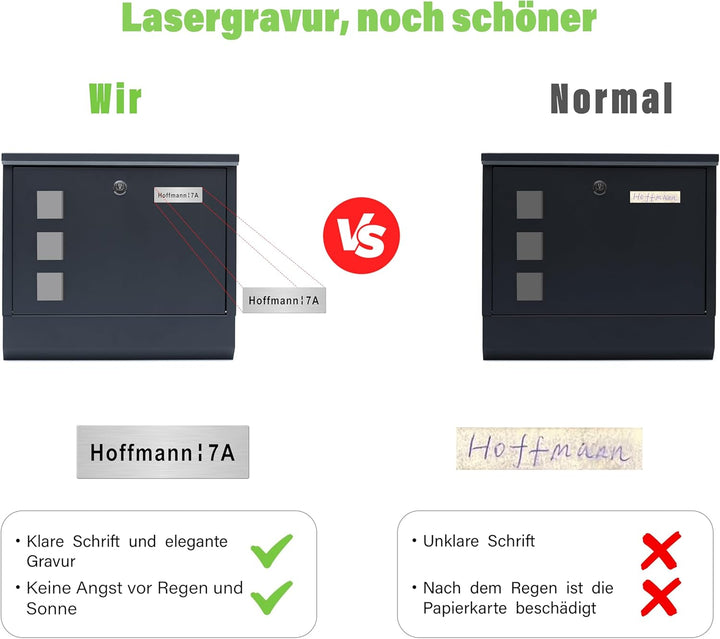XL personalisiert Briefkasten mit Edelstahl Namensschild Anthracite Wandbriefkasten Postkasten Brief
