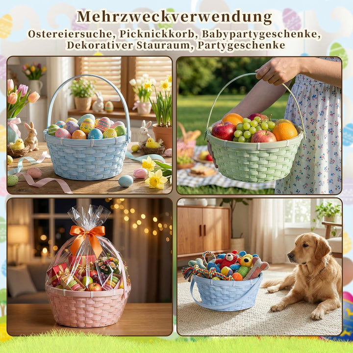 Lanpn Handgefertigte Osterkörbchen mit Henkel 3er Set aus Natur Wicker Baskets Pastellrosa Blau Grün