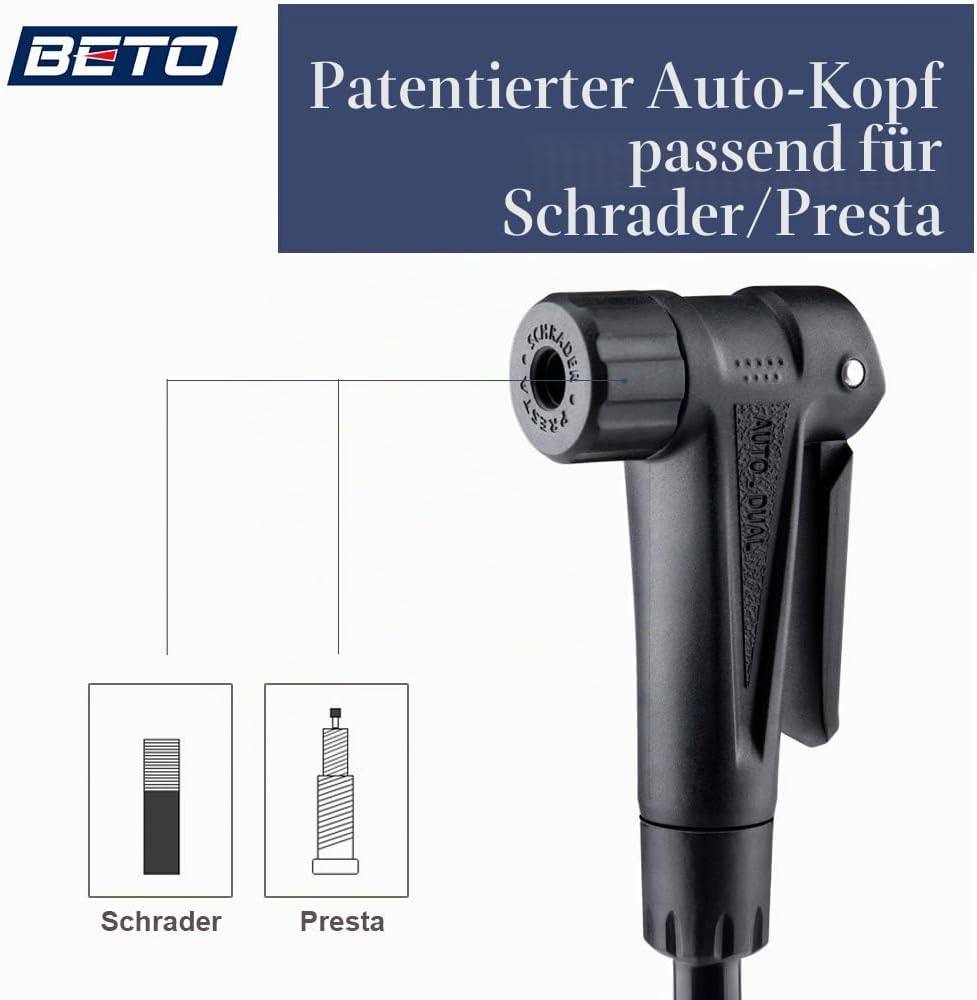 Beto Fahrradpumpe mit Oben positioniertes Manometer, luftpumpe Fahrrad für alle Ventile - Dunlop Ven