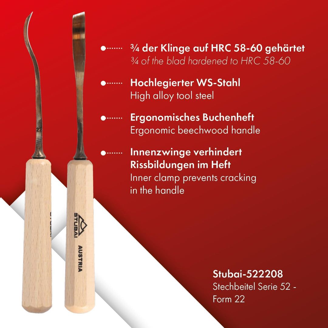 STUBAI Stemmeisen Stechbeitel Serie 52 - Form 22 | Gekröpftes, linksschräges Balleisen 8 mm, mit Hol