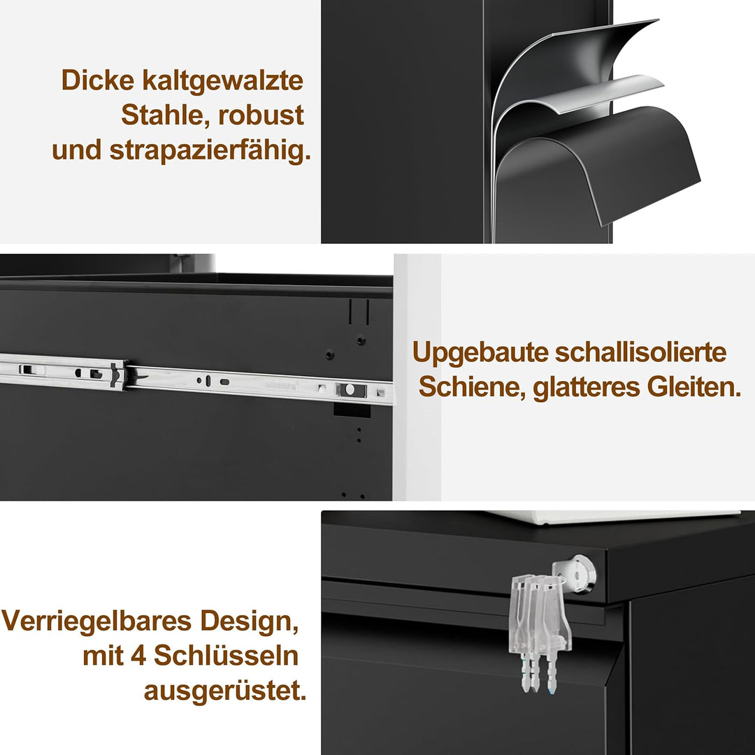 Rollcontainer, Aktenschrank Abschliessbar mit 4 Schlüsseln, Aktenschrank unter Schreibtisch, mit 3 S