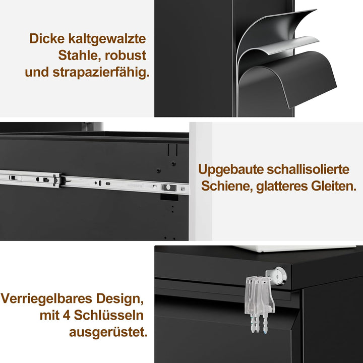 Rollcontainer, Aktenschrank Abschliessbar mit 4 Schlüsseln, Aktenschrank unter Schreibtisch, mit 3 S