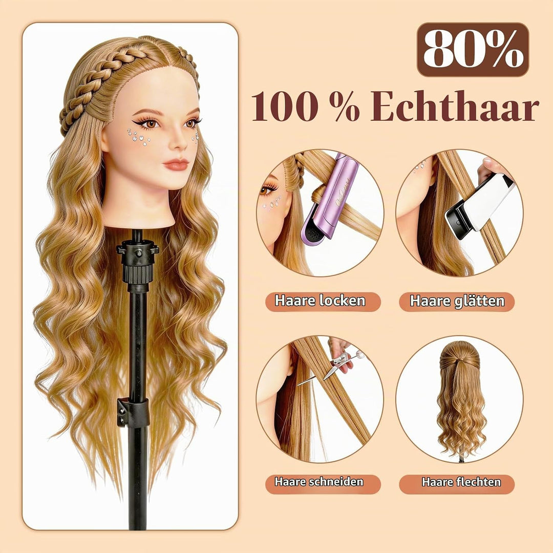 Yofuly 26Zoll/66cm Frisierkopf, 80% Echthaar Übungskopf, Make-up Frisieren Trainingsköpfe, Mannequin