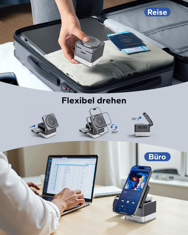 KPON Ladestation Apple Watch und Iphone für Magsafe, 3-in-1 Cube Induktive Ladestation mit Magsafe L