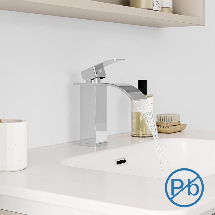 Wasserhahn Bad Chrom, Wasserfall Wasserhahn Einhebelmischer Waschbecken, Einloch-Waschtischarmatur E