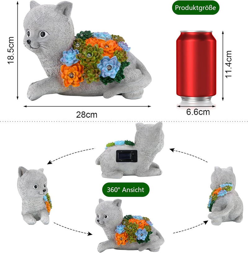 YIKEDAN Solar Gartenfiguren Katze mit Sukkulenten und 7 LED Leuchten, Gartendeko für Draussen, Harz