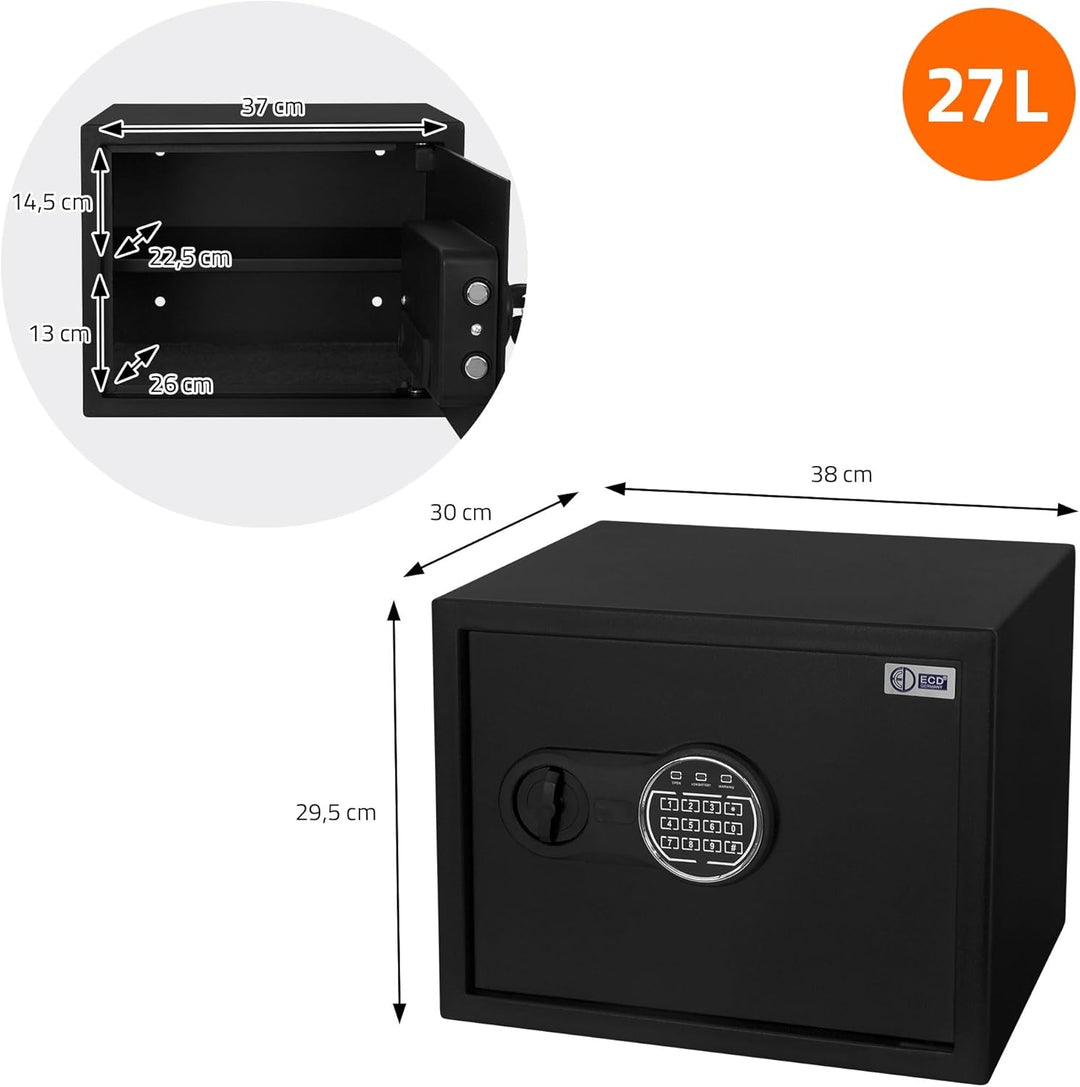 ECD Germany Safe Tresor Feuerfest 27L 38x30x29,5cm, Stahl, Wandtresor mit Sensorlicht & Digitale Tas