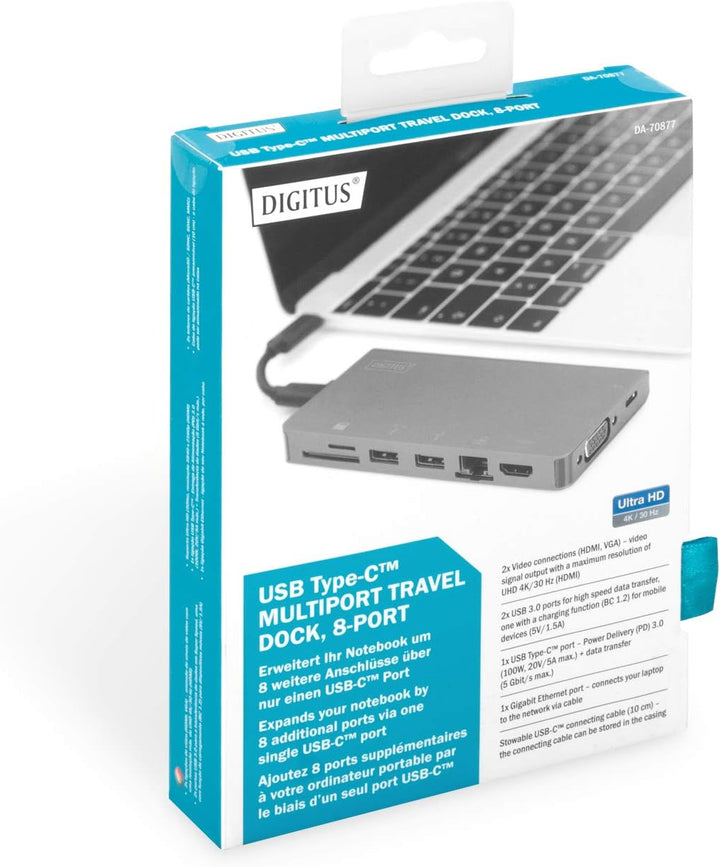 DIGITUS USB-C Travel Docking Station – 8 Ports – 1x HDMI, 1x VGA (4K@30Hz) – 2x USB 3.0 / USB 2.0, 1