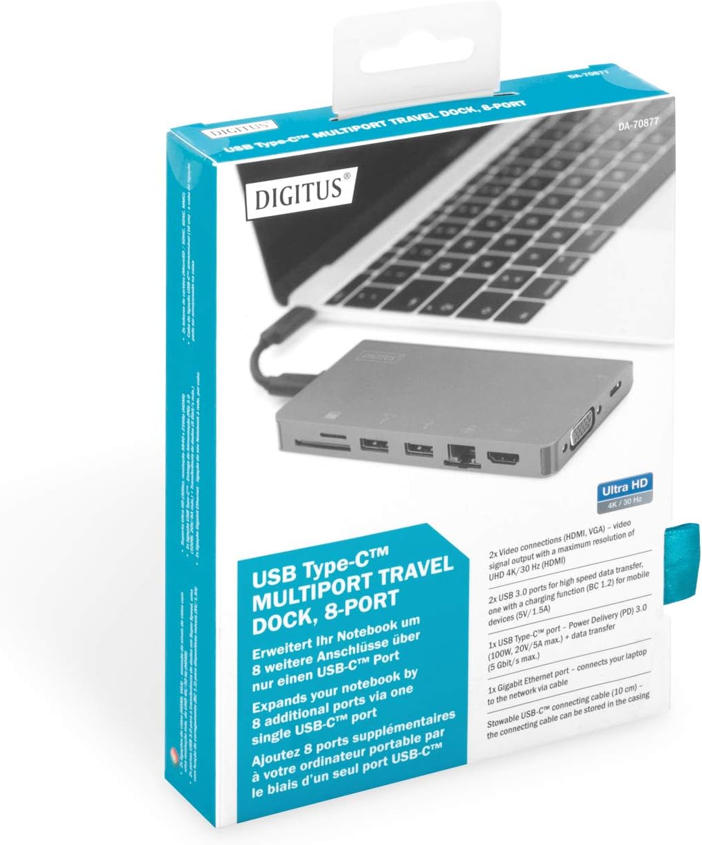 DIGITUS USB-C Travel Docking Station – 8 Ports – 1x HDMI, 1x VGA (4K@30Hz) – 2x USB 3.0 / USB 2.0, 1