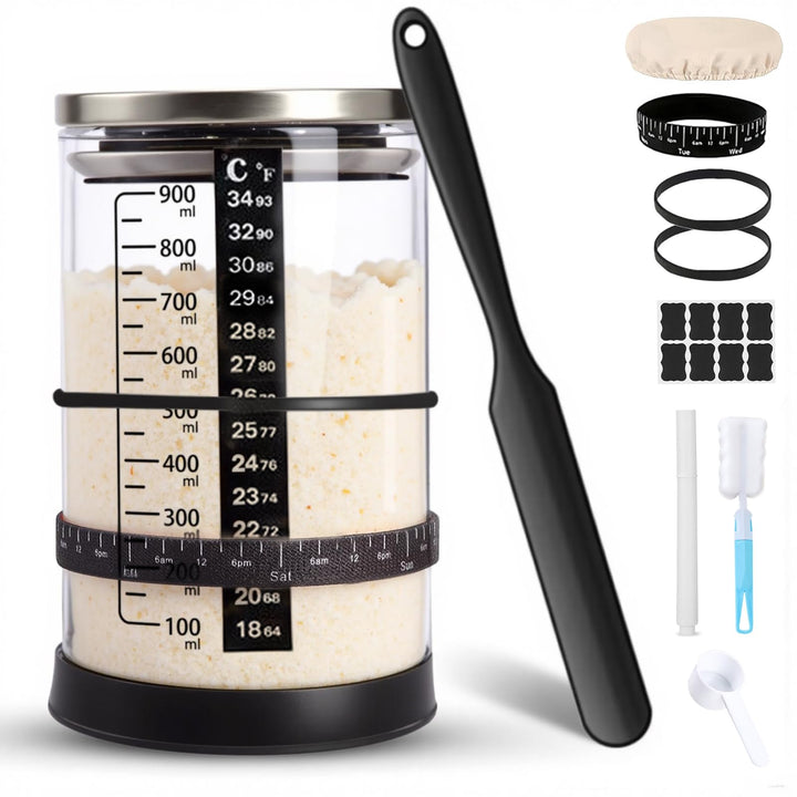 Sauerteig Starter Jar Kit 1000ml Gärglas mit Spatel, Fermentierglas, Sauerteig Glas Jar, Sourdough S