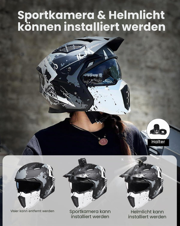 ILM Helm Integralhelm | Jethelm Motorrad Motocross Herren Damen Vintage Retro mit Visier ECE mit ans
