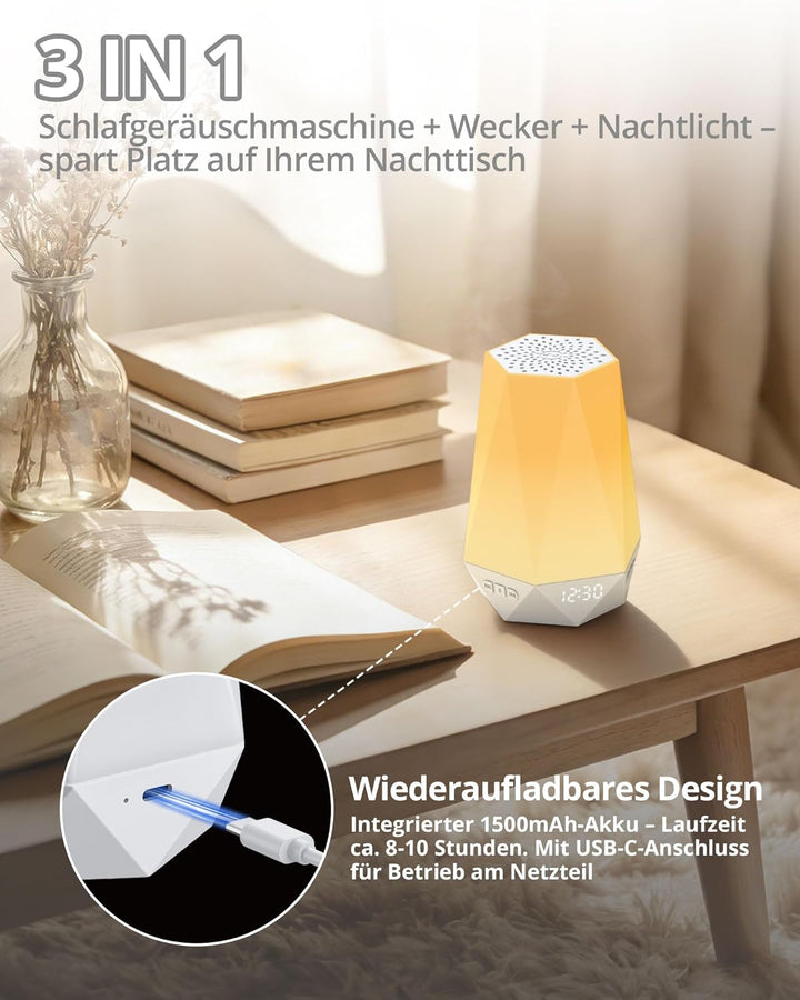 HOMGEN Schlafampel White Noise Maschine Lichtwecker mit 32 Einschlafgeräuschen 3 in 1 Schlafuhr mit