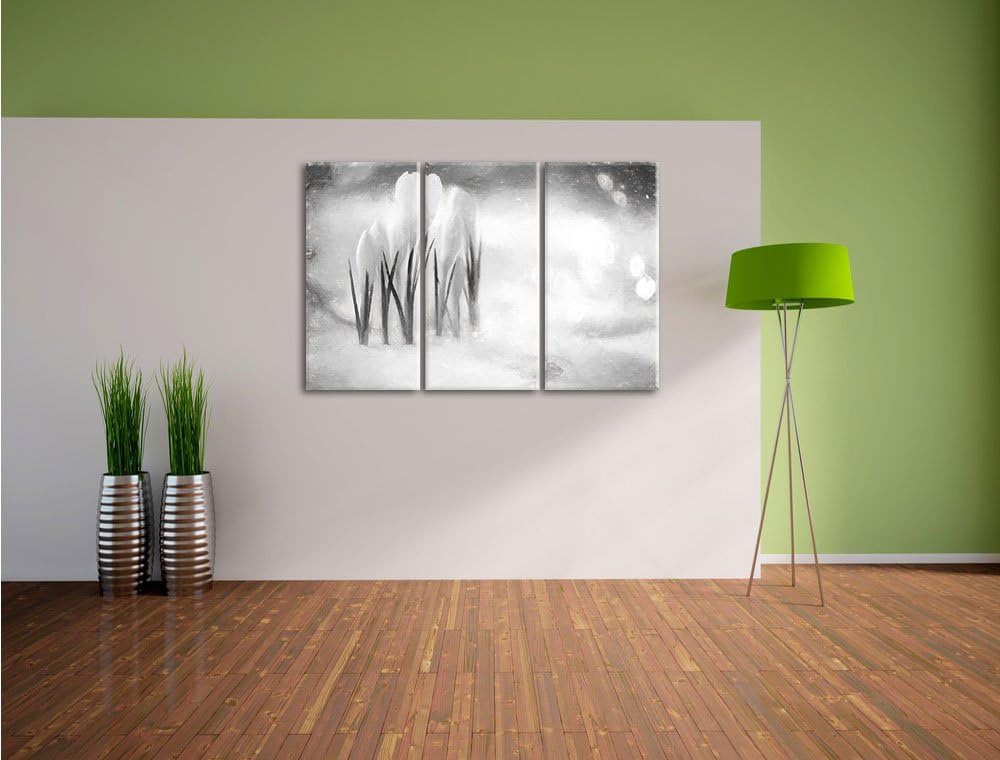 Pixxprint Schneeglöckchen im Frühjahr Kunst Kohle Effekt 3-Teiler Leinwandbild 120x80 Bild auf Leinw