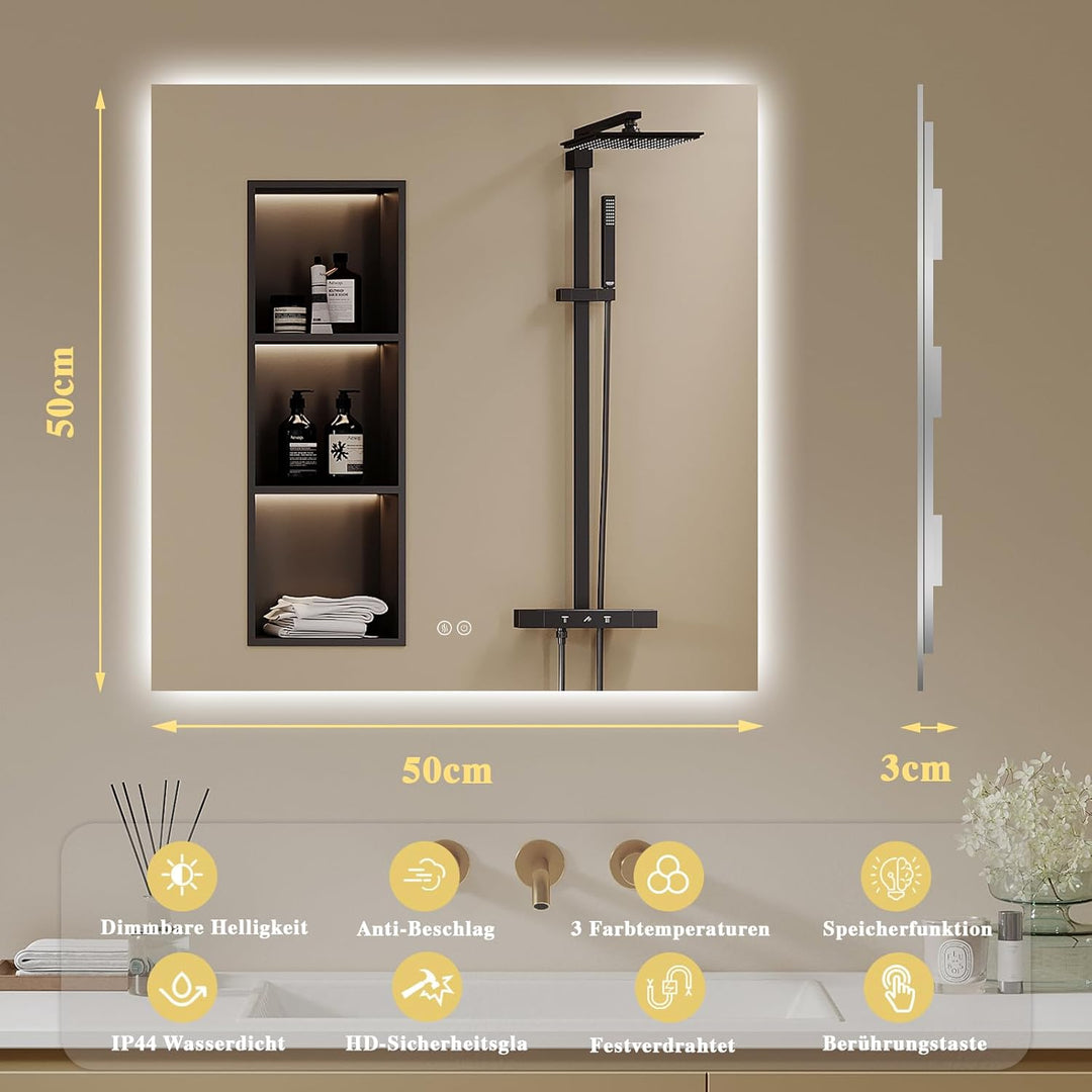 Badspiegel-mit-Beleuchtung 50x50cm - LED Badezimmerspiegel Badezimmer Spiegel mit Beleuchtung, Touch