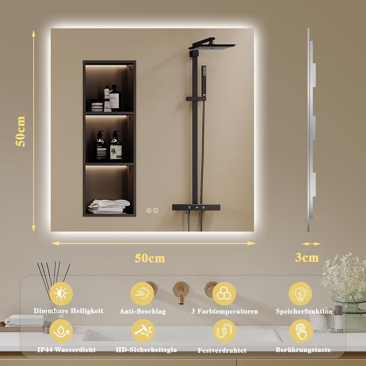 Badspiegel-mit-Beleuchtung 50x50cm - LED Badezimmerspiegel Badezimmer Spiegel mit Beleuchtung, Touch