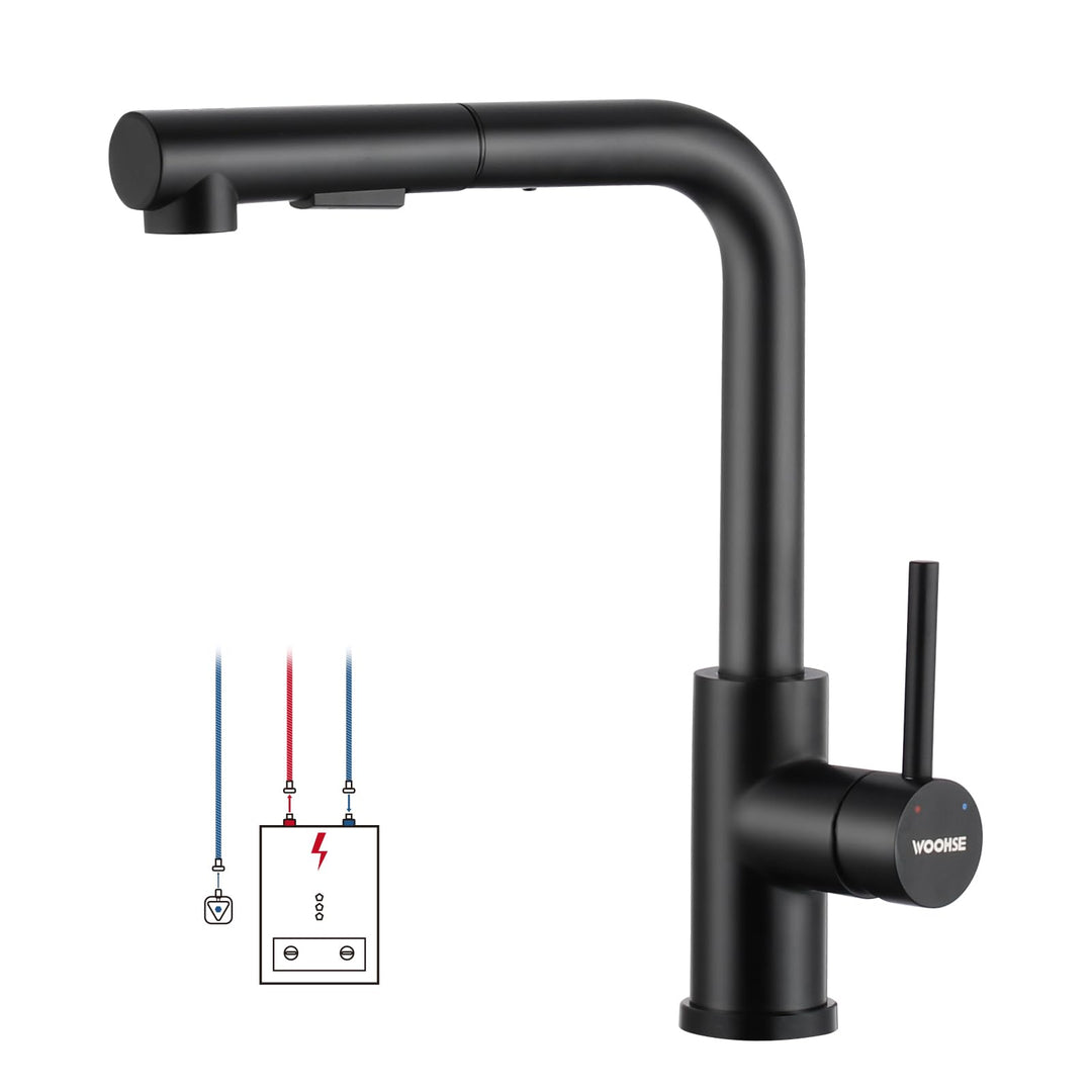 Niederdruck Armatur Küche Ausziehbar, WOOHSE Wasserhahn Küche Schwarz mit Brause 2 Strahl, 360° Dreh