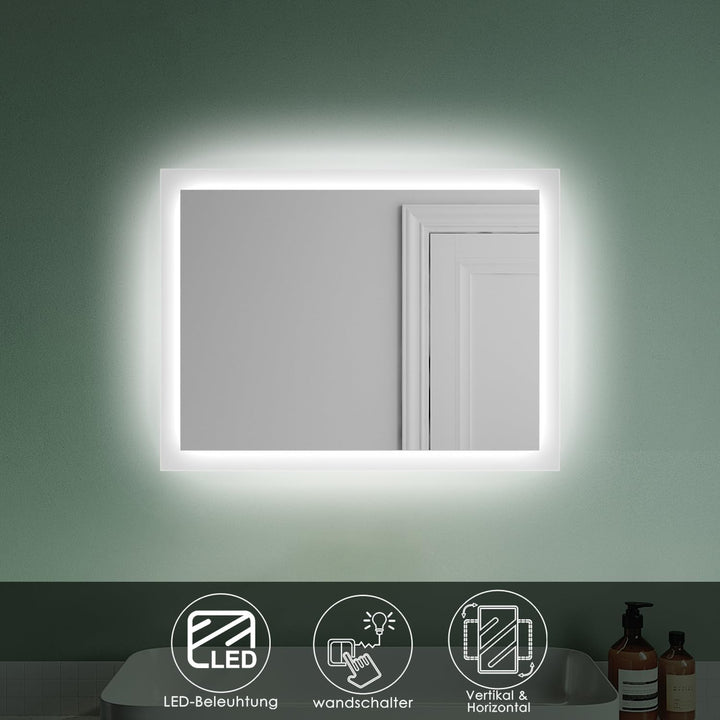 Badspiegel mit Beleuchtung 60 x 50cm WandSchalter Lichtspiegel Horizontale und vertikale Aufhängung