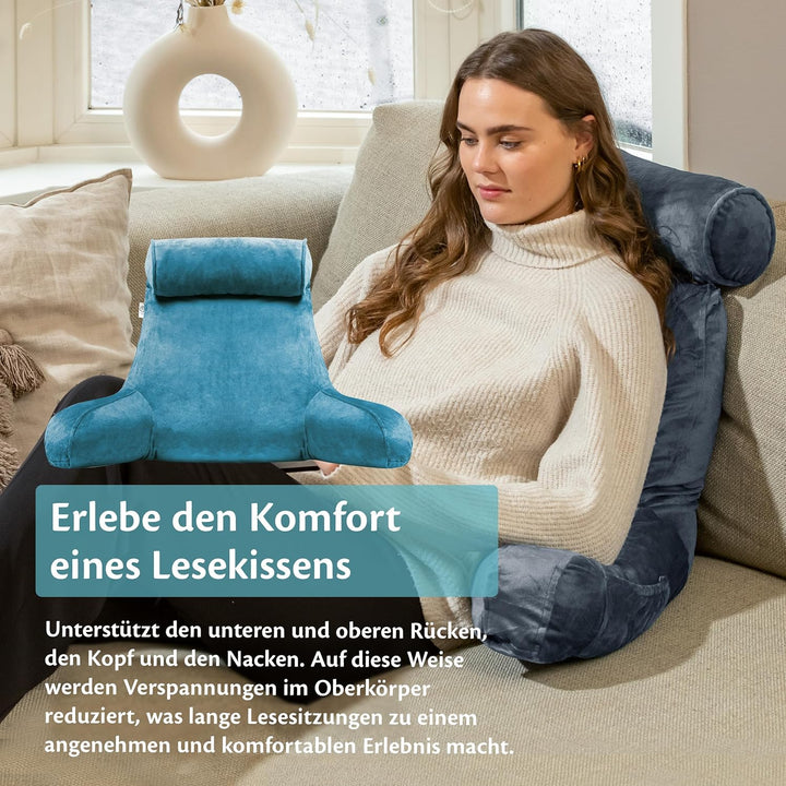 Ella Lesekissen für Bett und Sofa mit Abnehmbarer Nackenrolle - Rückenkissen Bett - Reading Pillow a