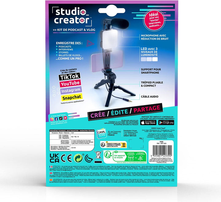 Canal Toys Studio Creator Podcast- und Vlogging-Kit, Telefonhalterung, LED-Licht, Mikrofon + Stativ,