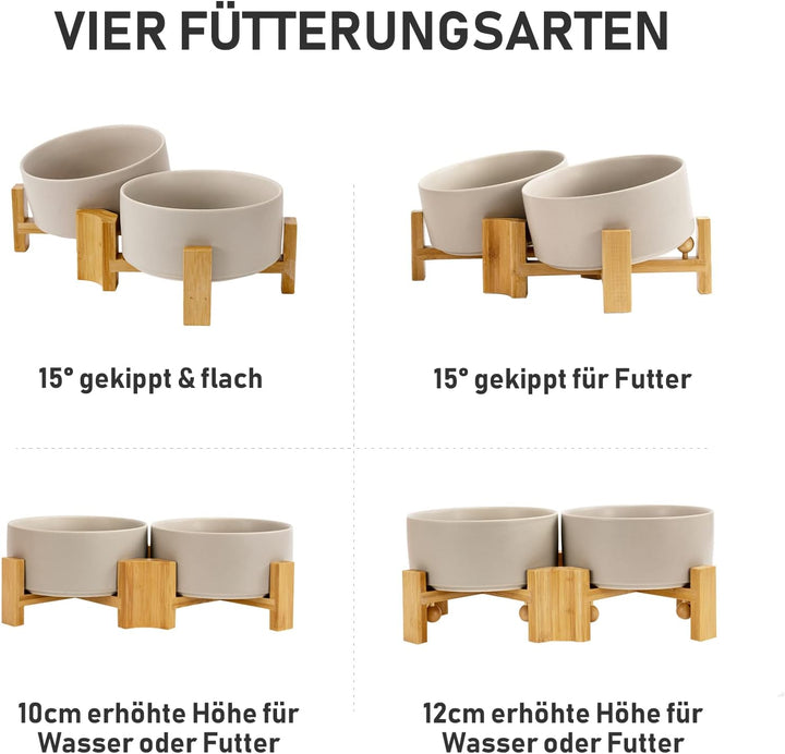 SPUNKYJUNKY Kippbarer Hundenapf Keramik Doppel Hund Futternapf mit Bambus Ständer 0° und 15° Neigung