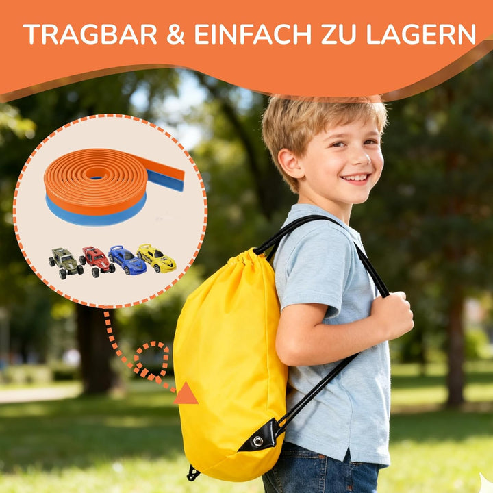 5M Flexible Autorennbahn Set mit 2 Loopings, 2-in-1 Rennbahn mit Autos & Tragtasche, Schwerkraft & P