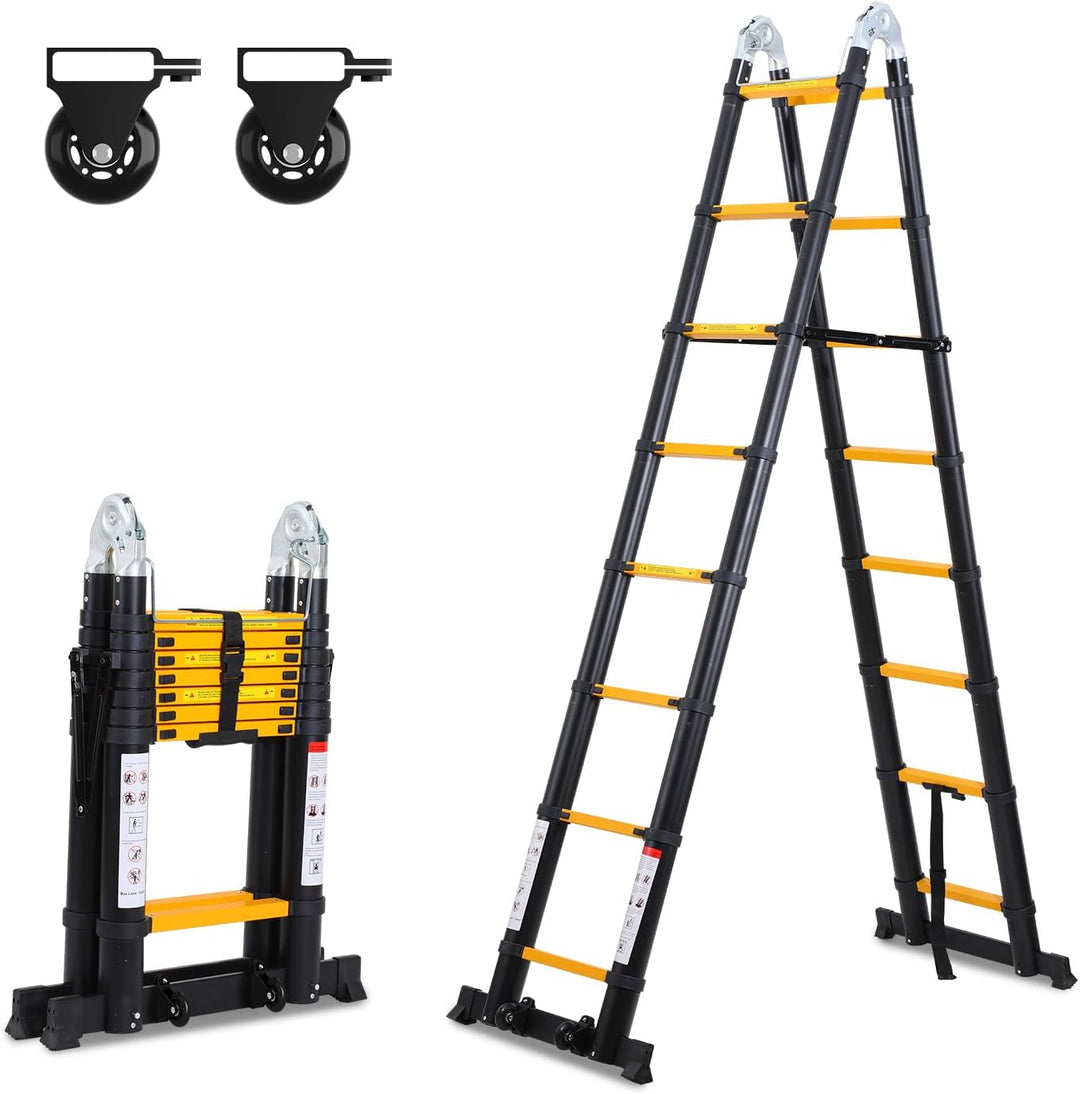 Herrselsam 5m(2.5m+2.5m) Teleskopleiter Klappleiter Aluminium, Mehrzweckleiter mit Tragegriff, Rutsc