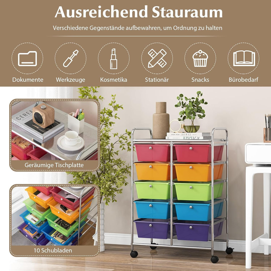 GOPLUS Rollwagen mit 10 Schubladen stapelbar, Rollcontainer mit Ablage & Metallgestell, Badregal, Au
