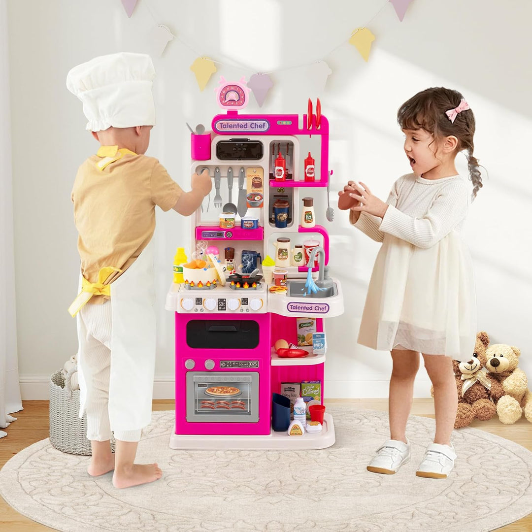 COSTWAY Kinderküche mit 95 Zubehör, Spielküche mit Licht, Sound & Dampf, Kinder Küche mit Kochherd,