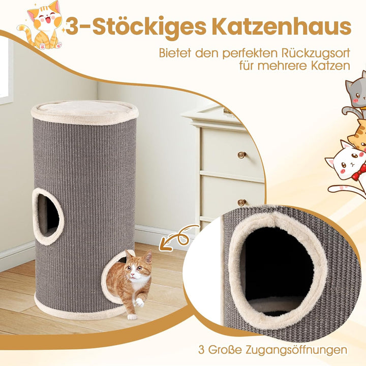 COSTWAY Kratztonne, Ø 36 cm, 70 cm hoch, Katzentonne mit Sisal-Kratzbrett, 3 Katzenhöhlen, Plüschbet