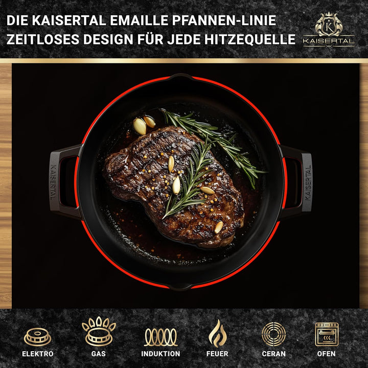 KAISERTAL Gusseisen Bratpfanne matt schwarz emailliert - Antihafteffekt - 2,7L, Schwarz - Perfekt fü