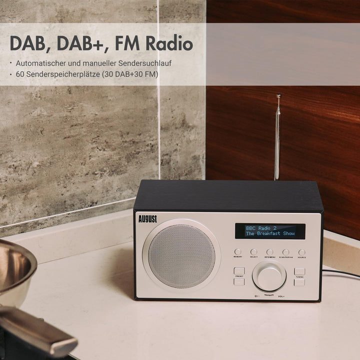 DAB+/FM Radio mit Bluetooth-August MB420-Digitales Küchenradio Holzgehäuse RDS-Funktion 60 Presets H