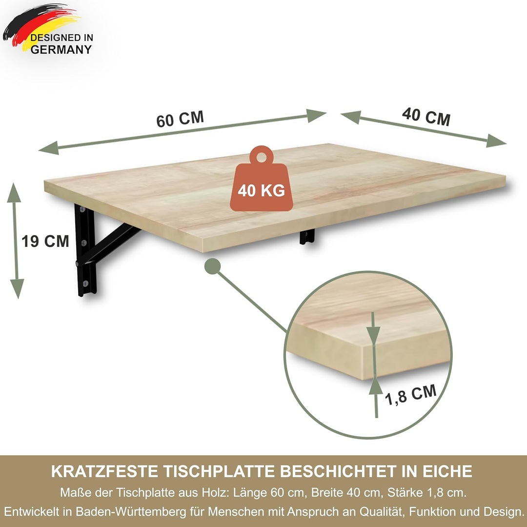 KDR Wandklapptisch 60x40 cm – Klapptisch zur Wandmontage, platzsparender Wandtisch, klappbarer Essti