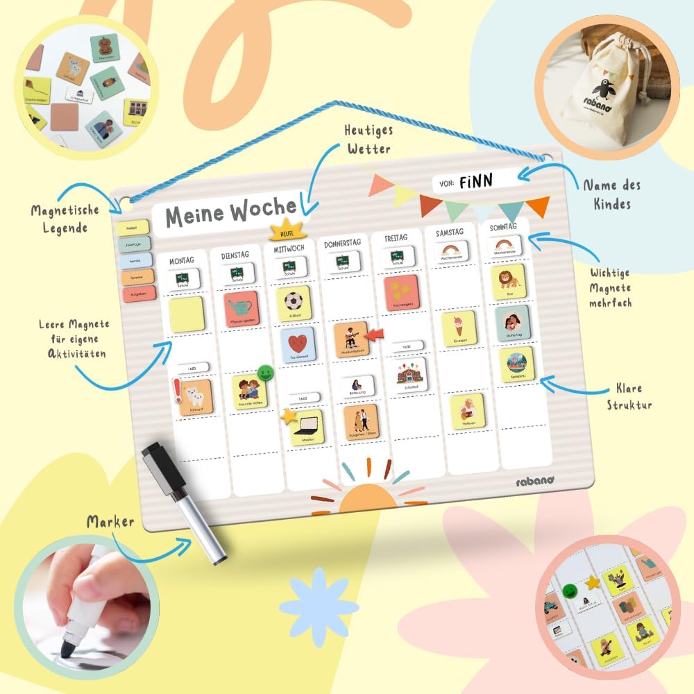 Wochenplaner für Kinder - [200 Magnete - ABWISCHBAR] - ADHS Hilfsmittel, System für Verantwortung un