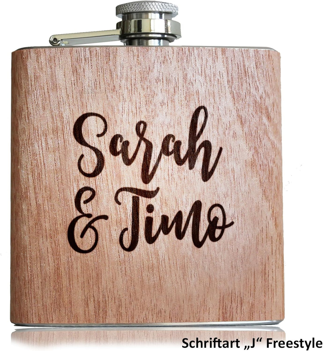 Flachmann mit Gravur. Edelstahl Flachmann personalisiert. Geschenke für Männer. Holz, Holz