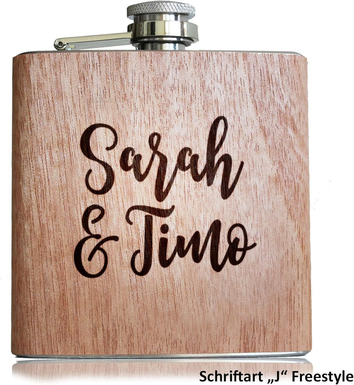 Flachmann mit Gravur. Edelstahl Flachmann personalisiert. Geschenke für Männer. Holz, Holz