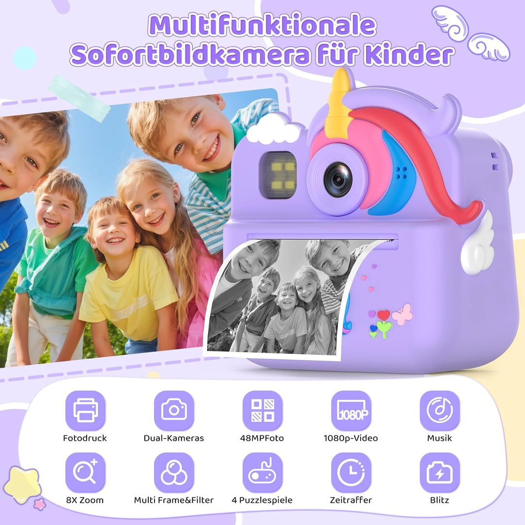 Sofortbildkamera Kinder, 1080P HD Kinderkamera Sofortbildkamera mit 32-GB-Karte, 48MP Selfie Kamera