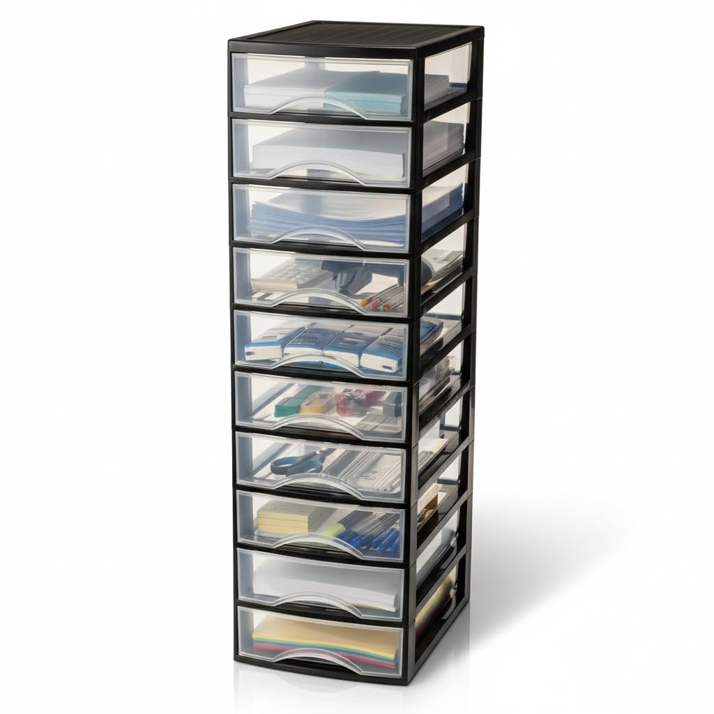 Hausfelder Schubladenbox A4 mit 10 Schubladen, Transparente Kunststoff Schubladenbox für Schreibtisc