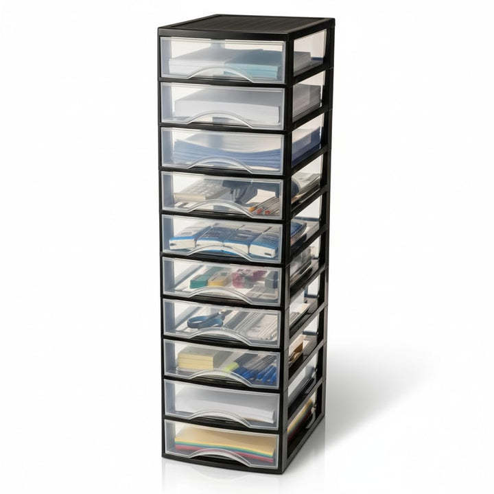 Hausfelder Schubladenbox A4 mit 10 Schubladen, Transparente Kunststoff Schubladenbox für Schreibtisc
