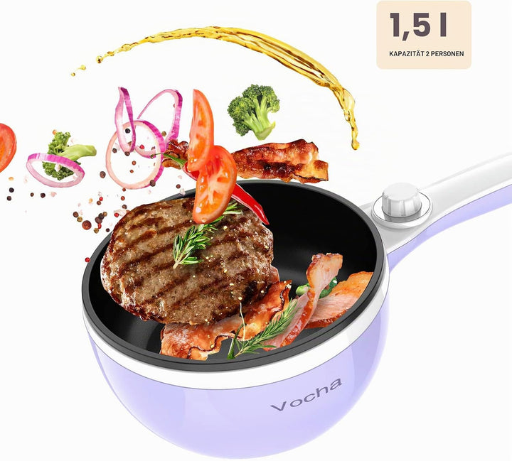 Vocha Elektrische Pfannen, 1,5 L Hot Pot Kleine, Antihaft Elektro Bratpfanne für Reise/Wohnheim, Tra