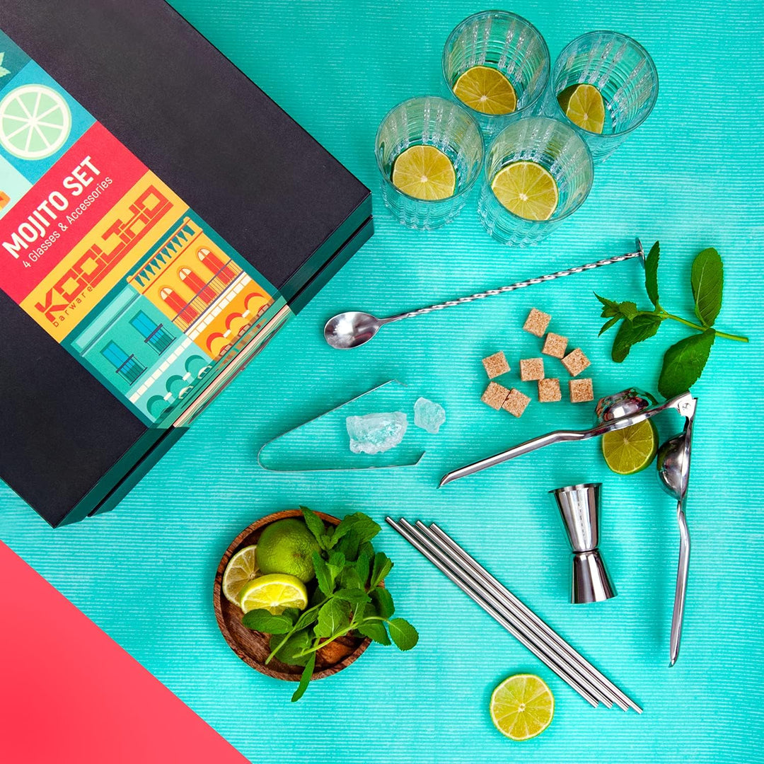 KOOLTHO Mojito Gläser Set Cocktail Geschenkset, Geschenk Cocktails Glas 4er Sets Zubehör Zitronenpre