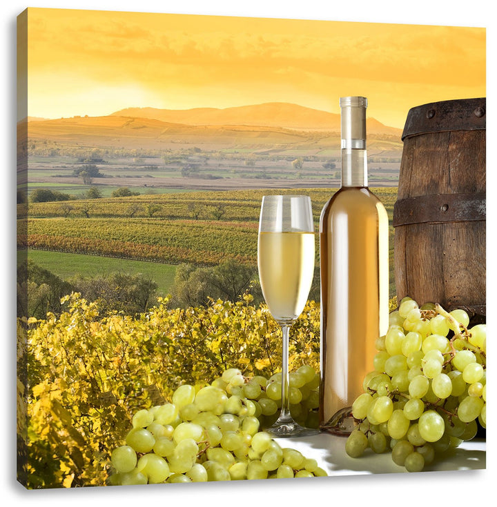 Pixxprint Weinreben mit Weinflasche und Fass, Format: 70x70 auf Leinwand, 70x70