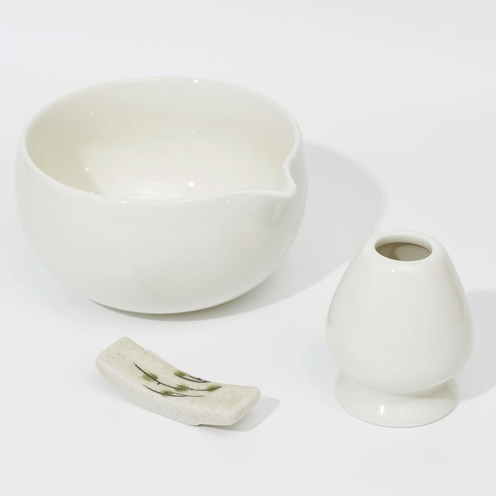 Matcha Set Beige (8-teilig) und Schale mit Ausgiesser, Premium Matcha Tee Set für Matcha Latte Zuber