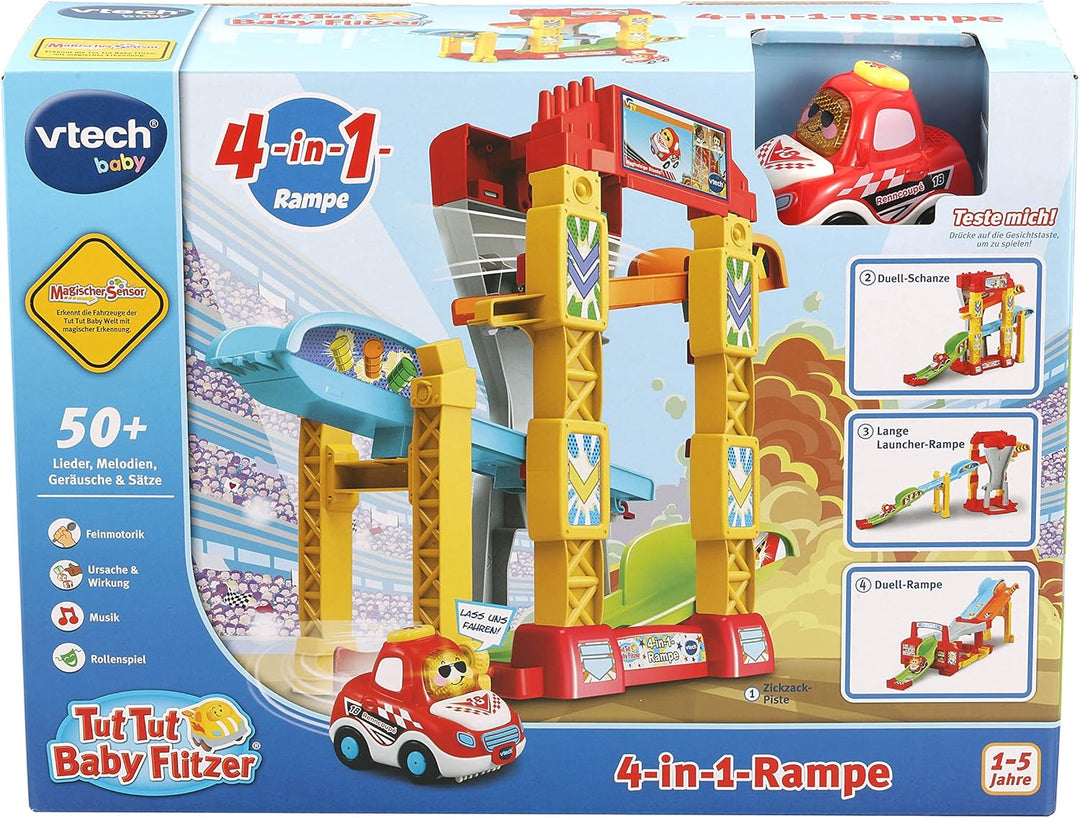 Vtech TUT TUT Baby Flitzer - 4-in-1-Rampe – Autorampe Spielset mit 4 Aufbaumöglichkeiten und Rennaut