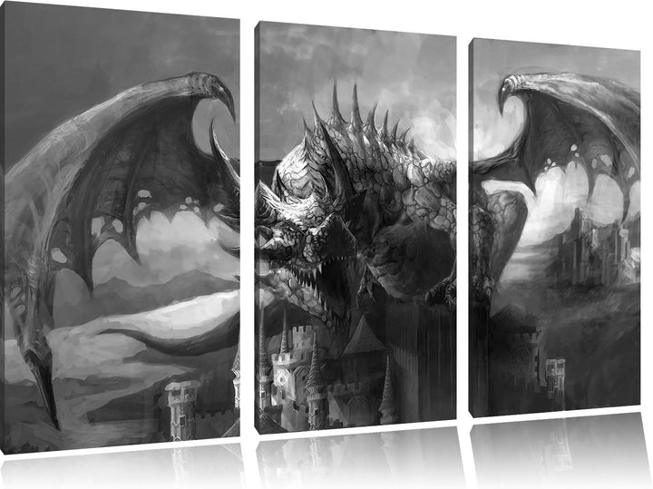 Pixxprint Drache auf der Festung als Leinwandbild | Grösse: 3 Teilig (120x80) | Wandbild| Kunstdruck