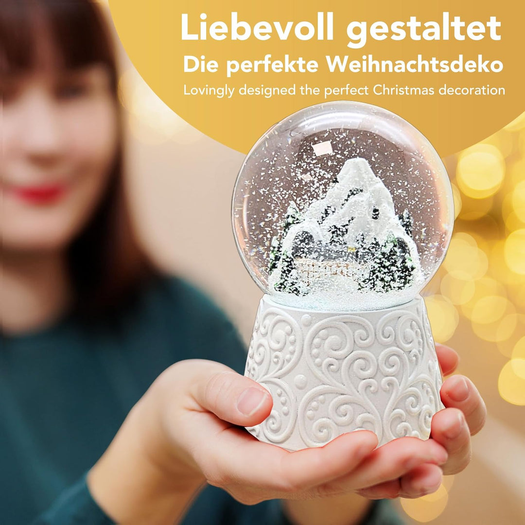 Weihnachts-Schneekugel mit Musik | Berglandschaft mit Brücke | Sockel weiss Ornament | 100mm breit,