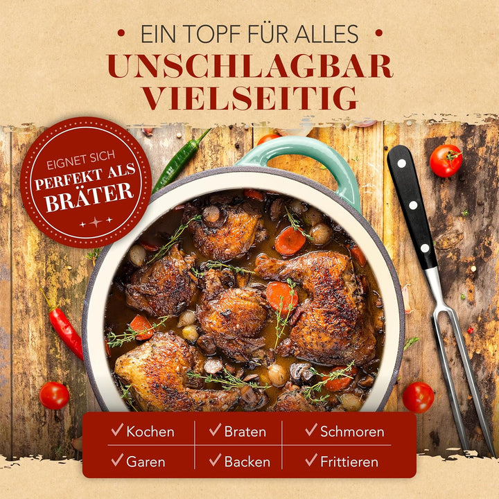 KRUSTENZAUBER Gusseisen Topf [inkl. Fleischgabel] - Hochwertiger 26cm Schmortopf backofengeeignet -