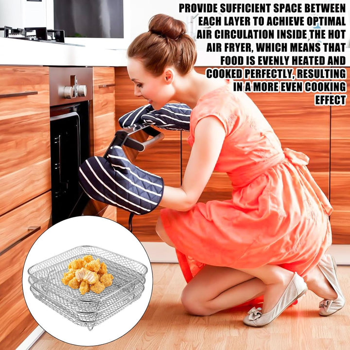 Luftfritteusen Regal, 3 Lagig Stapelbares Edelstahl Quadrat Air Fryer Racks Heissluftfritteuse Zubeh