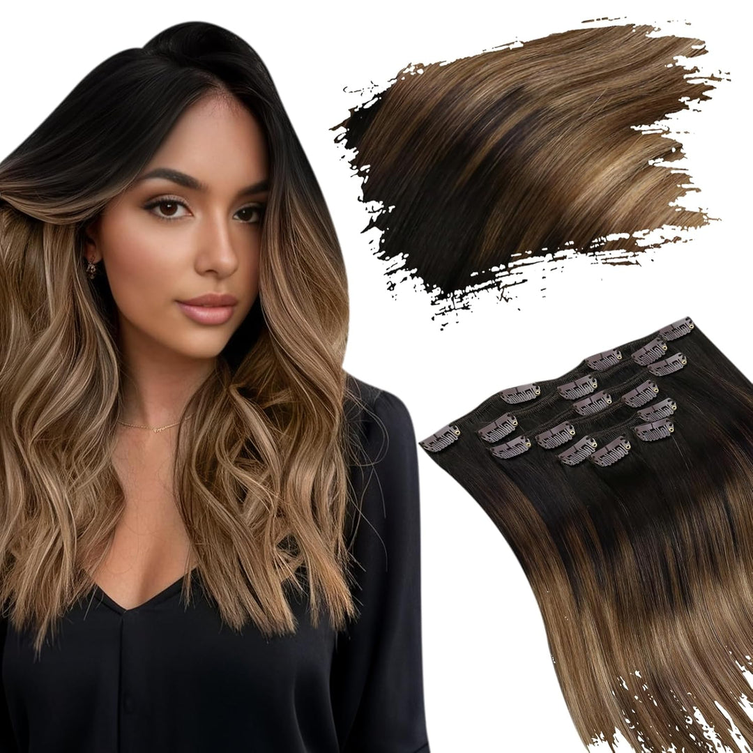 Clip in Extensions Echthaar Balayage Haar, Ugeat Dunkelstes Braun to Mittel Braun Clip Hair Extensio